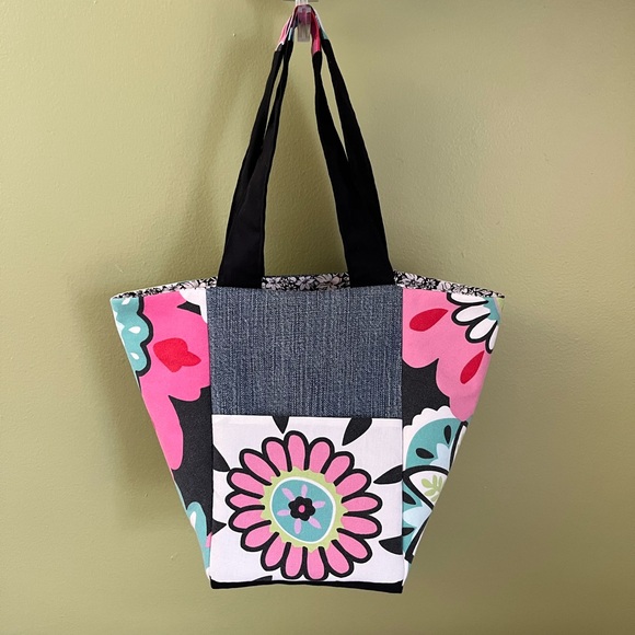 Upcycled, One Of A Kind Vibrant Floral Fabric & Denim Patchwork Bag - Picture 3 of 16